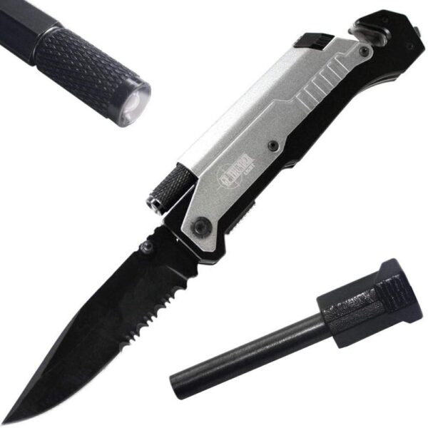 GF THUNDER 5-IN-1 FOLDING KNIFE W/ LED LIGHT & FIRE STARTER